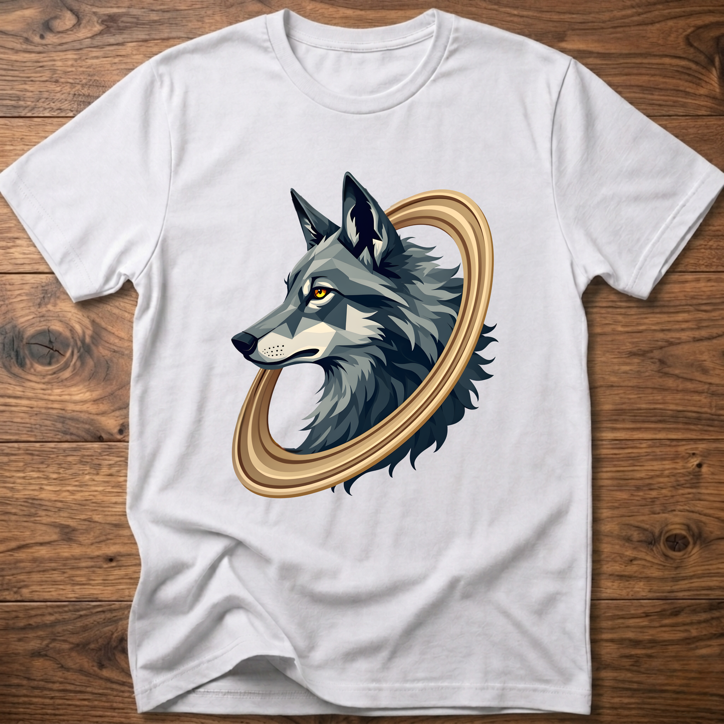 White short-sleeve t-shirt with geometric wolf head graphic in gold circular frame