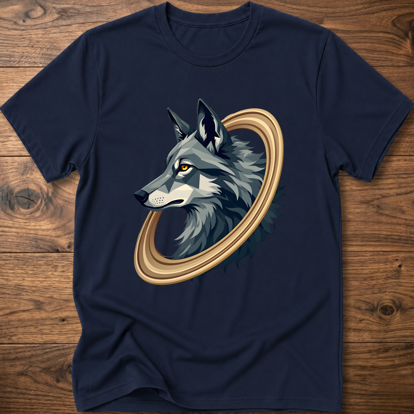 Navy short-sleeve t-shirt with geometric wolf head graphic in gold circular frame