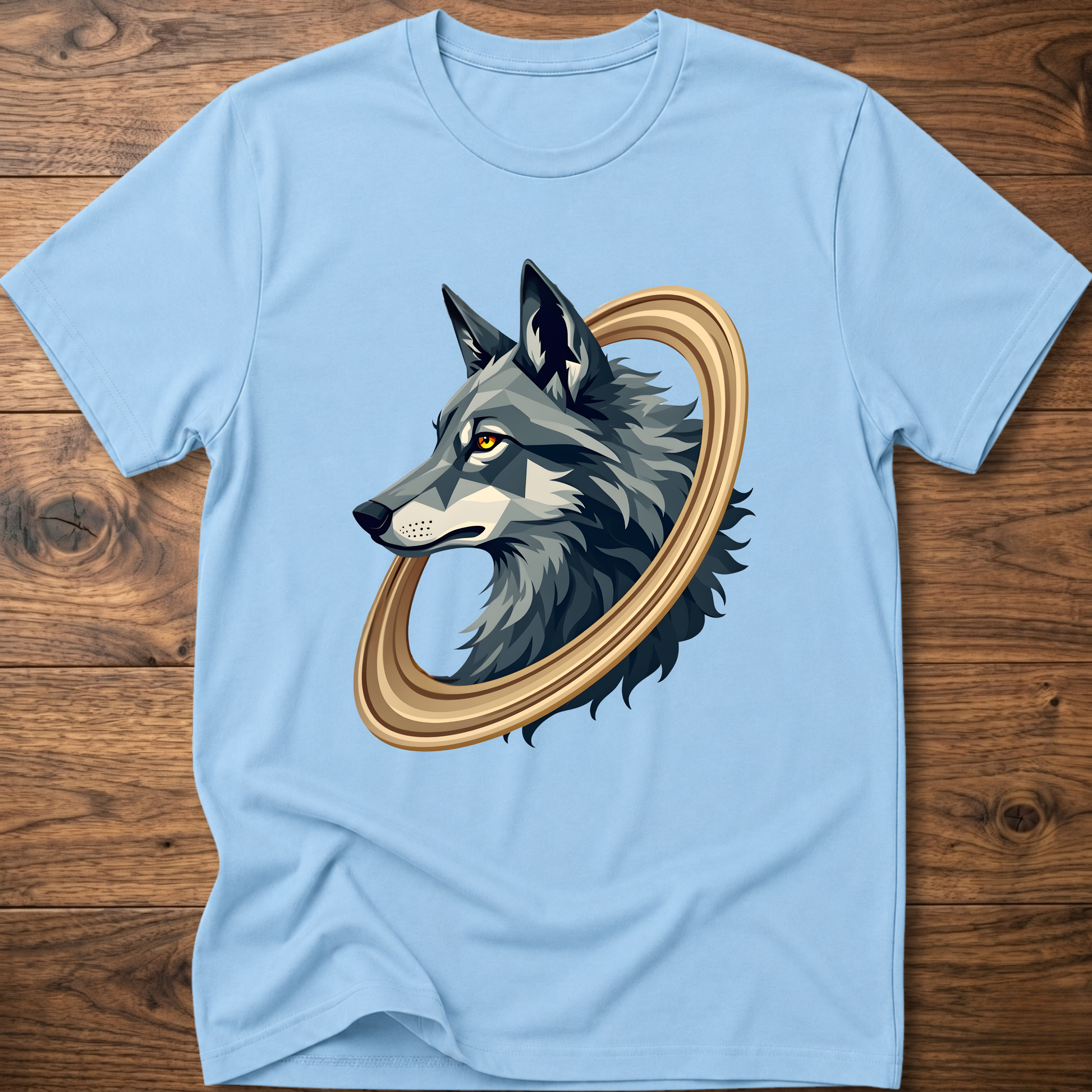 Light blue short-sleeve t-shirt with geometric wolf head graphic in gold circular frame
