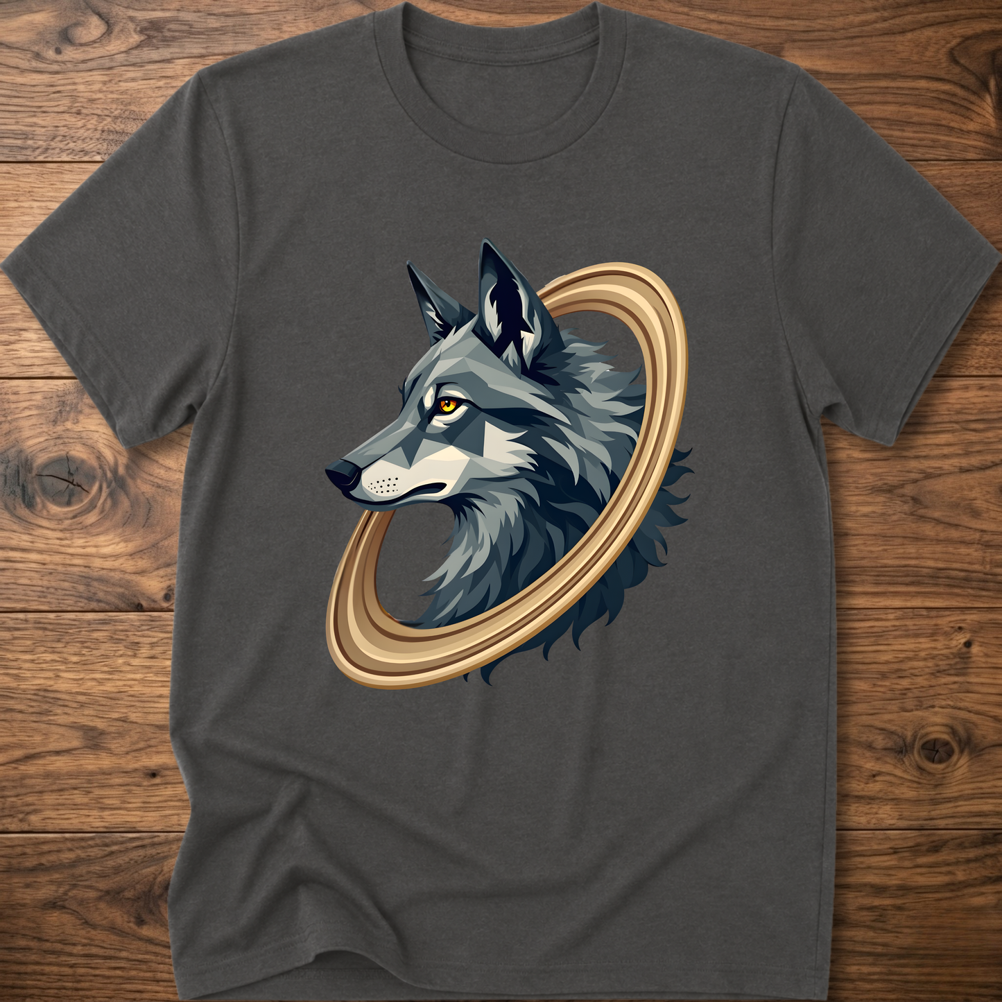 Charcoal gray short-sleeve t-shirt with geometric wolf head graphic in gold circular frame