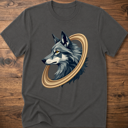 Charcoal gray short-sleeve t-shirt with geometric wolf head graphic in gold circular frame