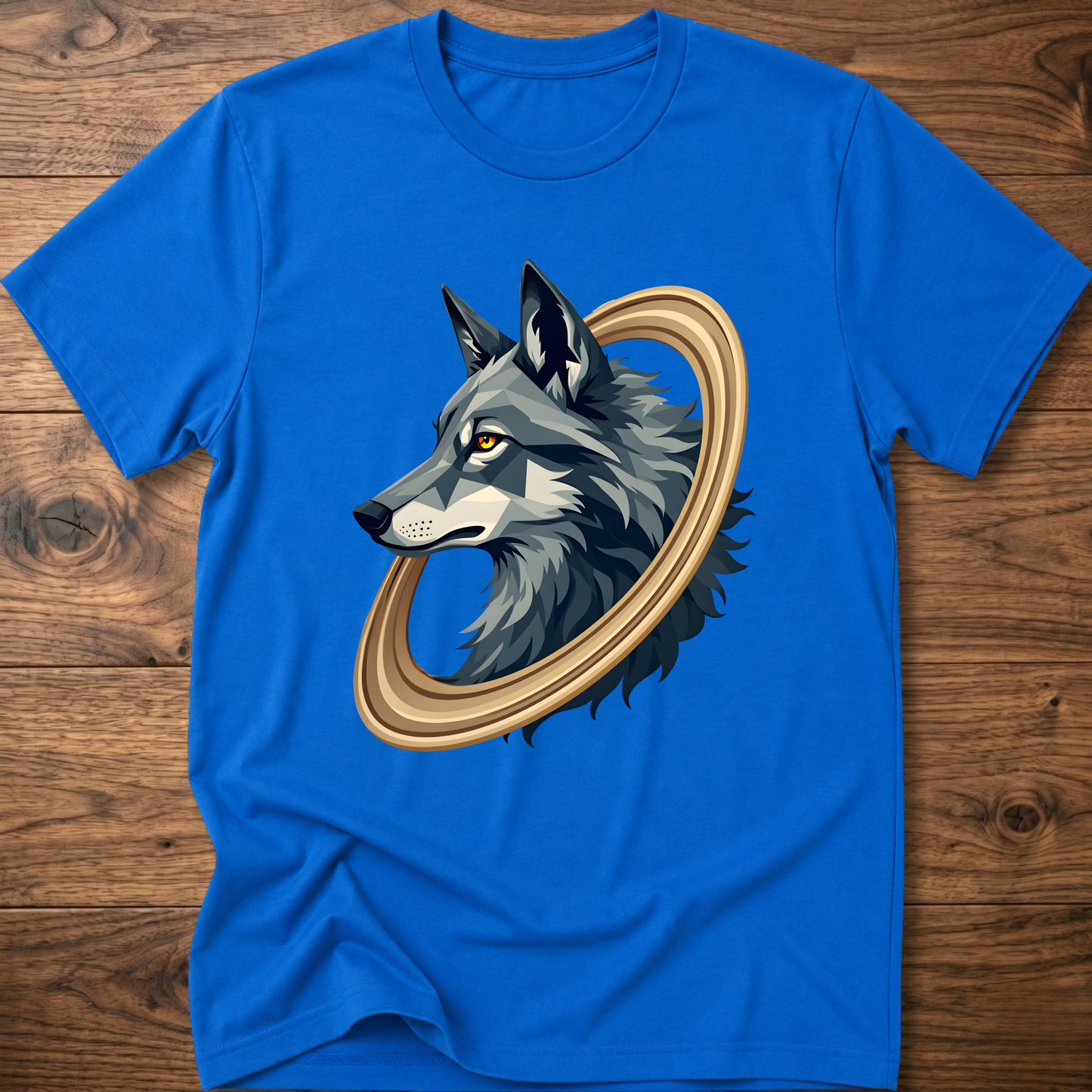 Royal blue short-sleeve t-shirt with geometric wolf head graphic in gold circular frame