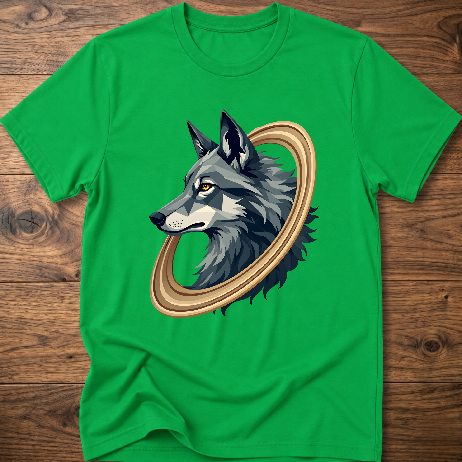 Bright green short-sleeve t-shirt with geometric wolf head graphic in gold circular frame