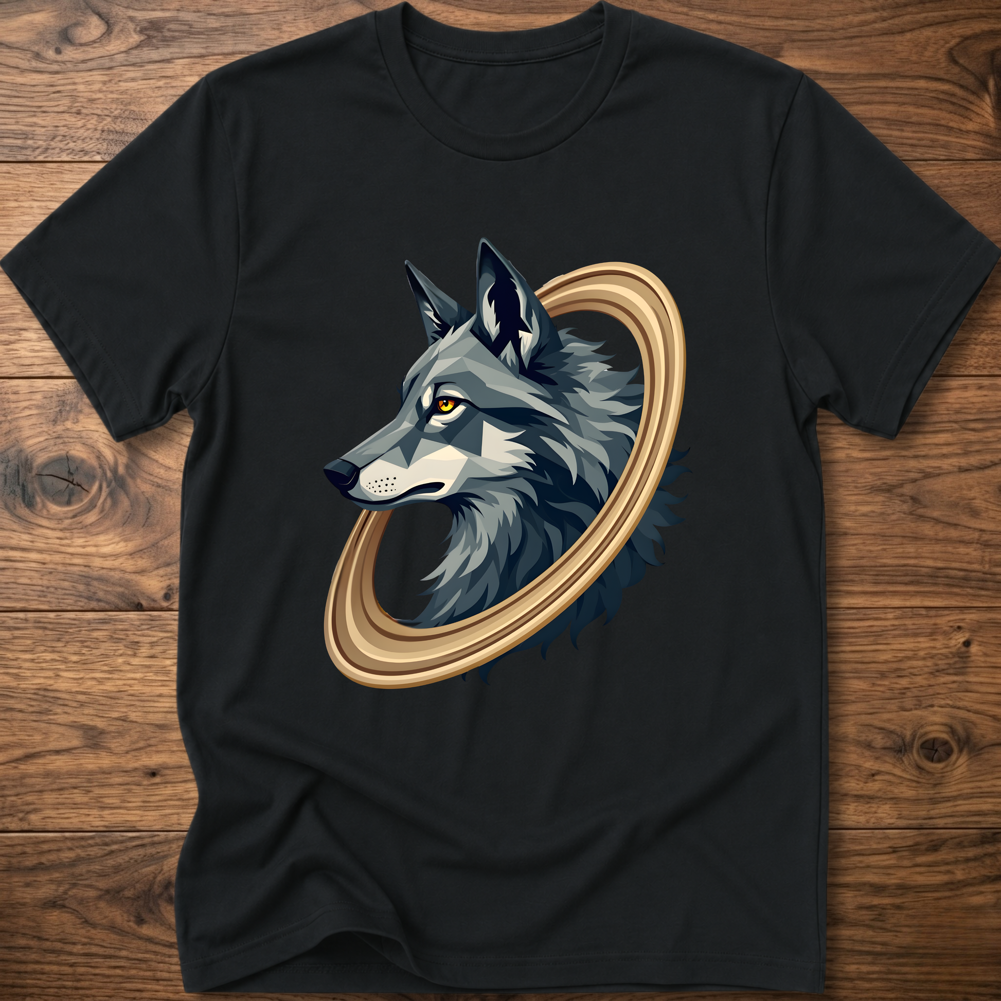 Black short-sleeve t-shirt with geometric wolf head graphic in gold circular frame