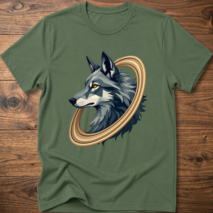 Military green short-sleeve t-shirt with geometric wolf head graphic in gold circular frame