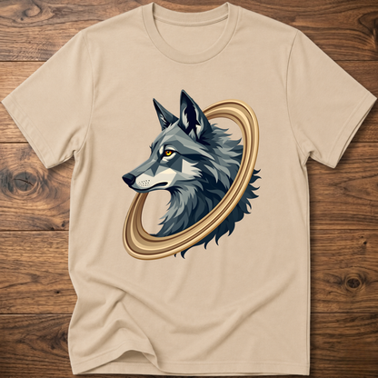 Light sand short-sleeve t-shirt with geometric wolf head graphic in gold circular frame