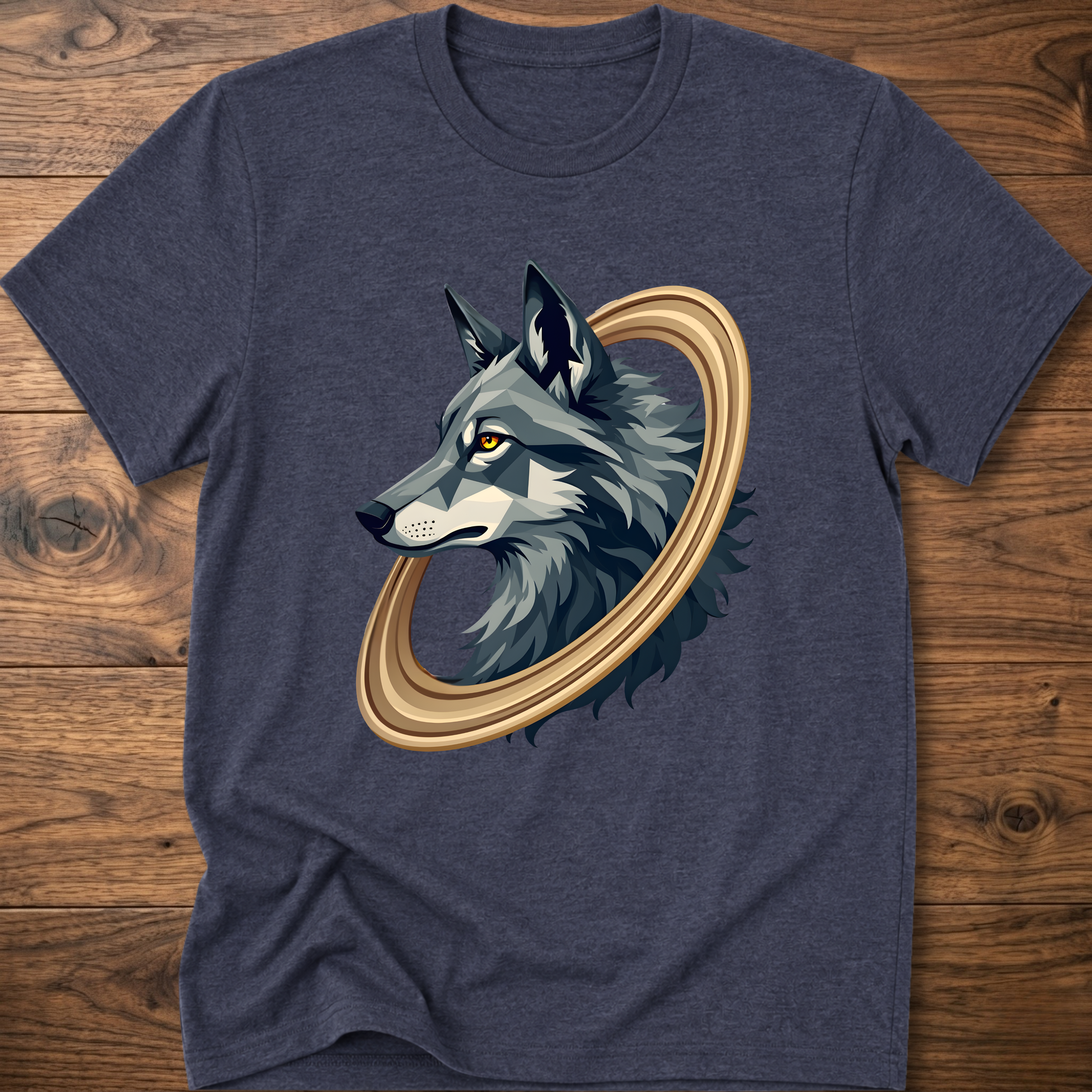 Dark heather navy short-sleeve t-shirt with geometric wolf head graphic in gold circle
