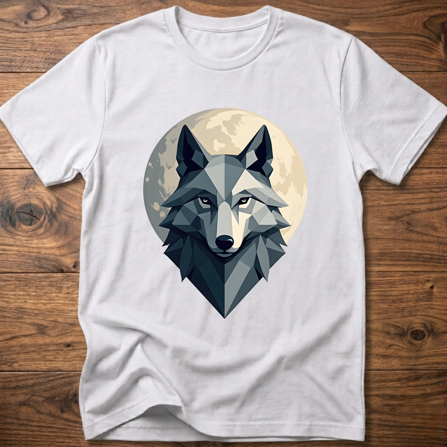 White geometric wolf graphic T-shirt with crew neck and short sleeves