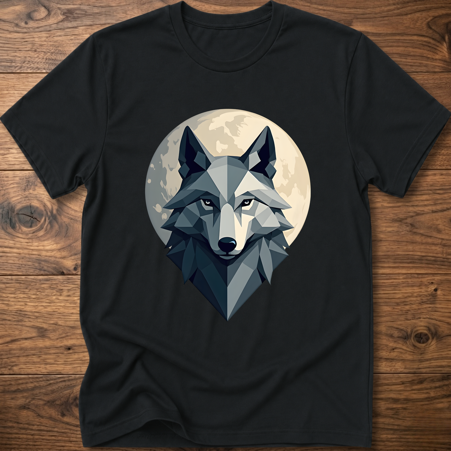 Black geometric wolf graphic T-shirt with crew neck and short sleeves