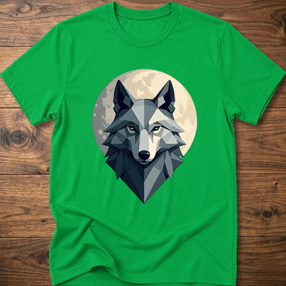 Green geometric wolf graphic T-shirt with crew neck and short sleeves