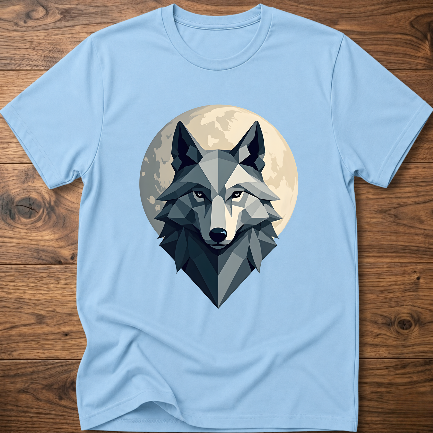 Light blue geometric wolf graphic T-shirt with crew neck and short sleeves