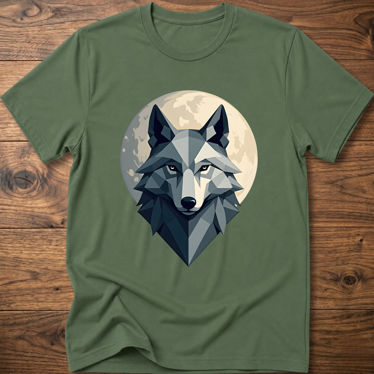 Military green geometric wolf graphic T-shirt with crew neck and short sleeves