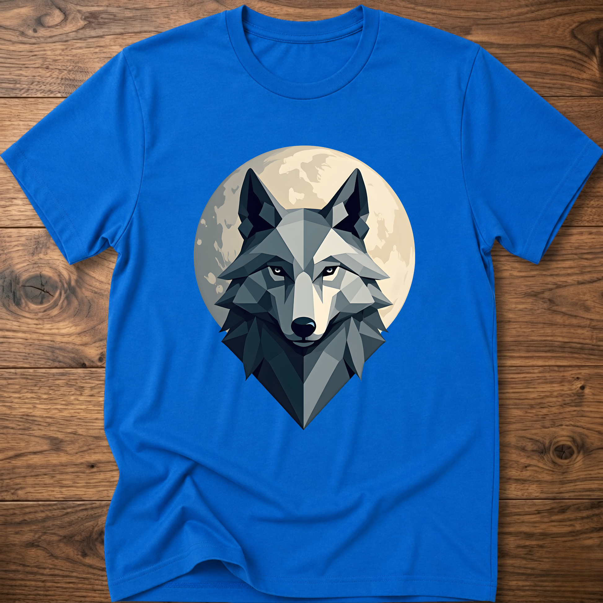 Royal blue geometric wolf graphic T-shirt with crew neck and short sleeves