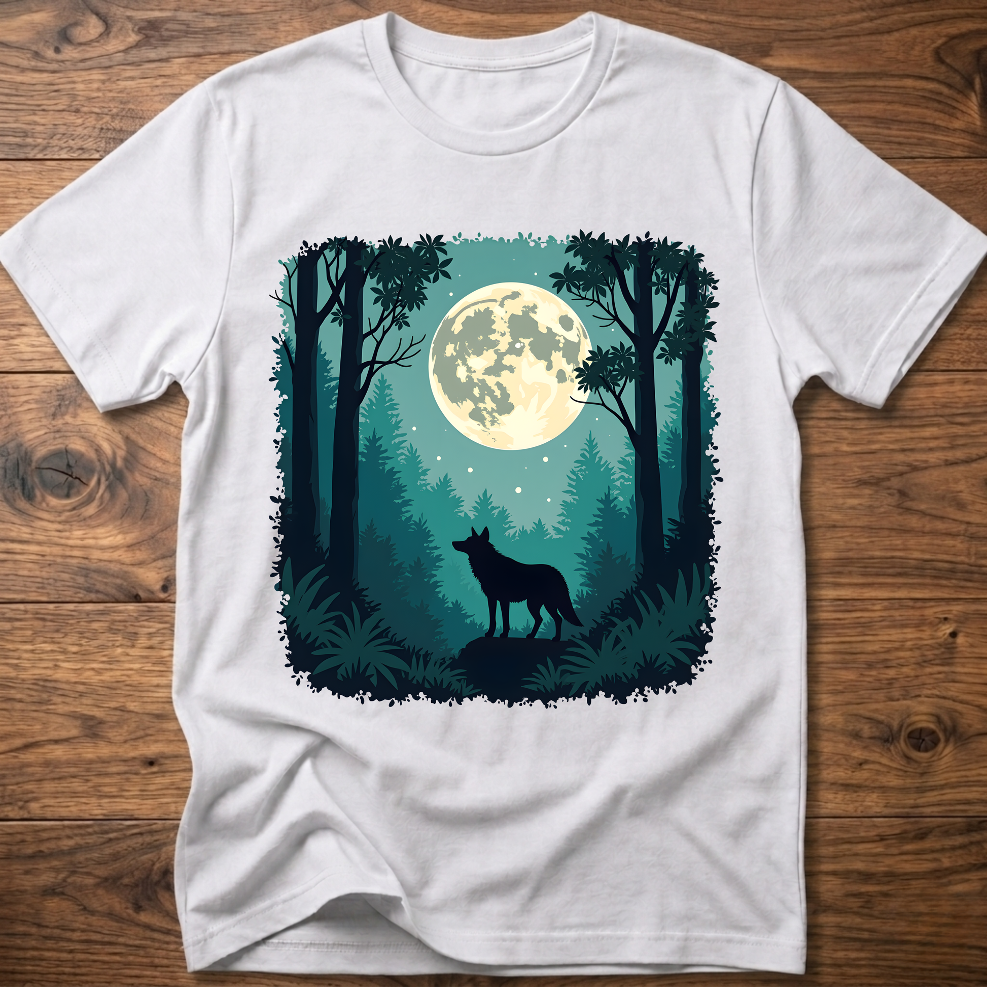 Moonlit wolf graphic T-shirt, white front print with moon, trees, and standing wolf