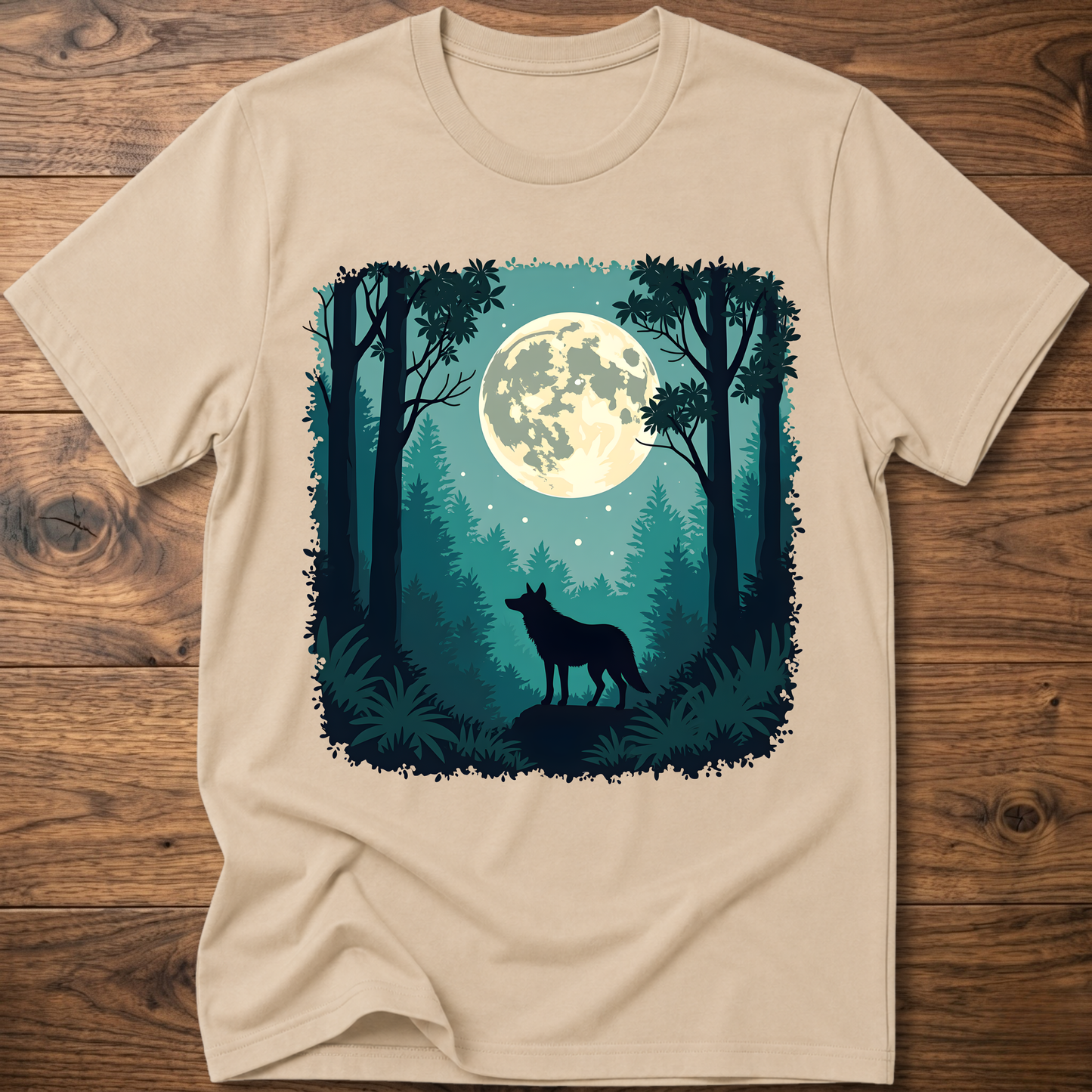 Moonlit wolf graphic T-shirt, sand beige front print with moon, trees, and standing wolf
