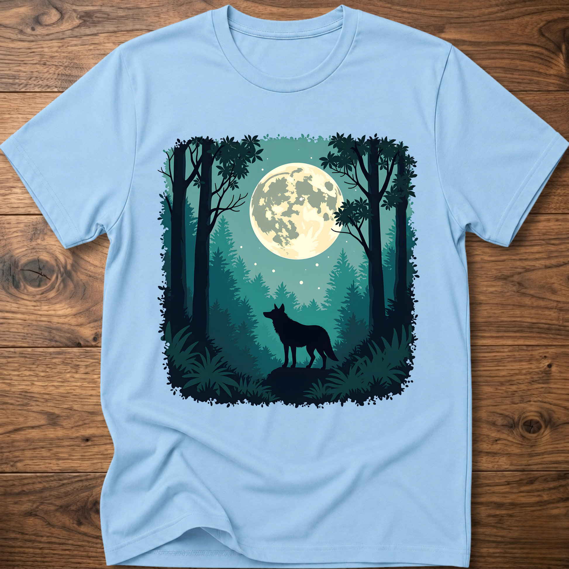 Moonlit wolf graphic T-shirt, light blue front print with moon, trees, and standing wolf