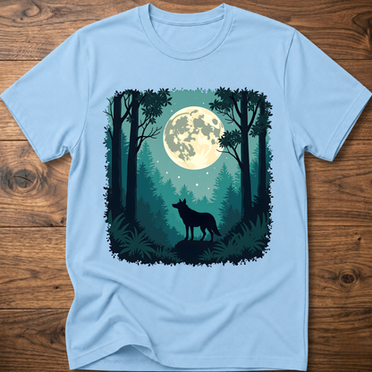 Moonlit wolf graphic T-shirt, light blue front print with moon, trees, and standing wolf