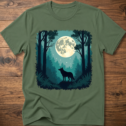 Moonlit wolf graphic T-shirt, military green front print with moon, trees, and standing wolf