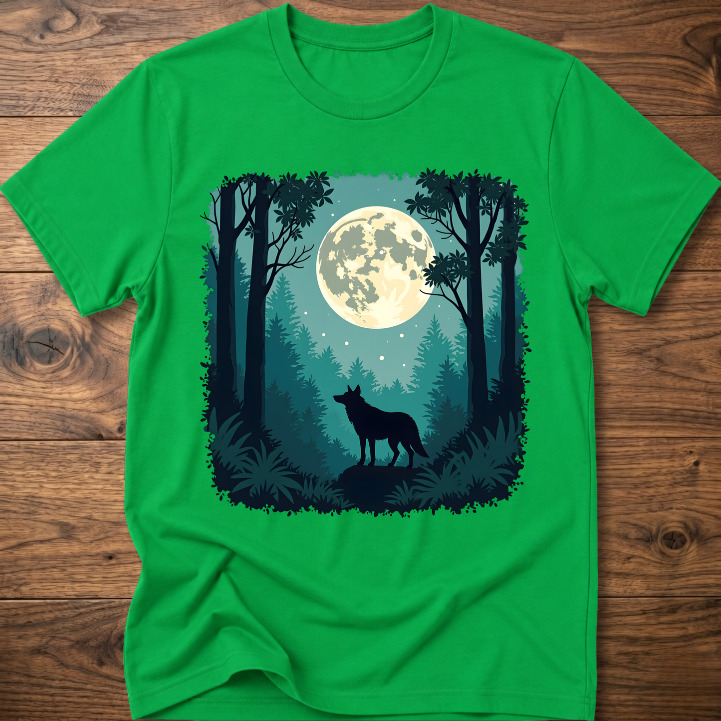 Moonlit wolf graphic T-shirt, bright green front print with moon, trees, and standing wolf