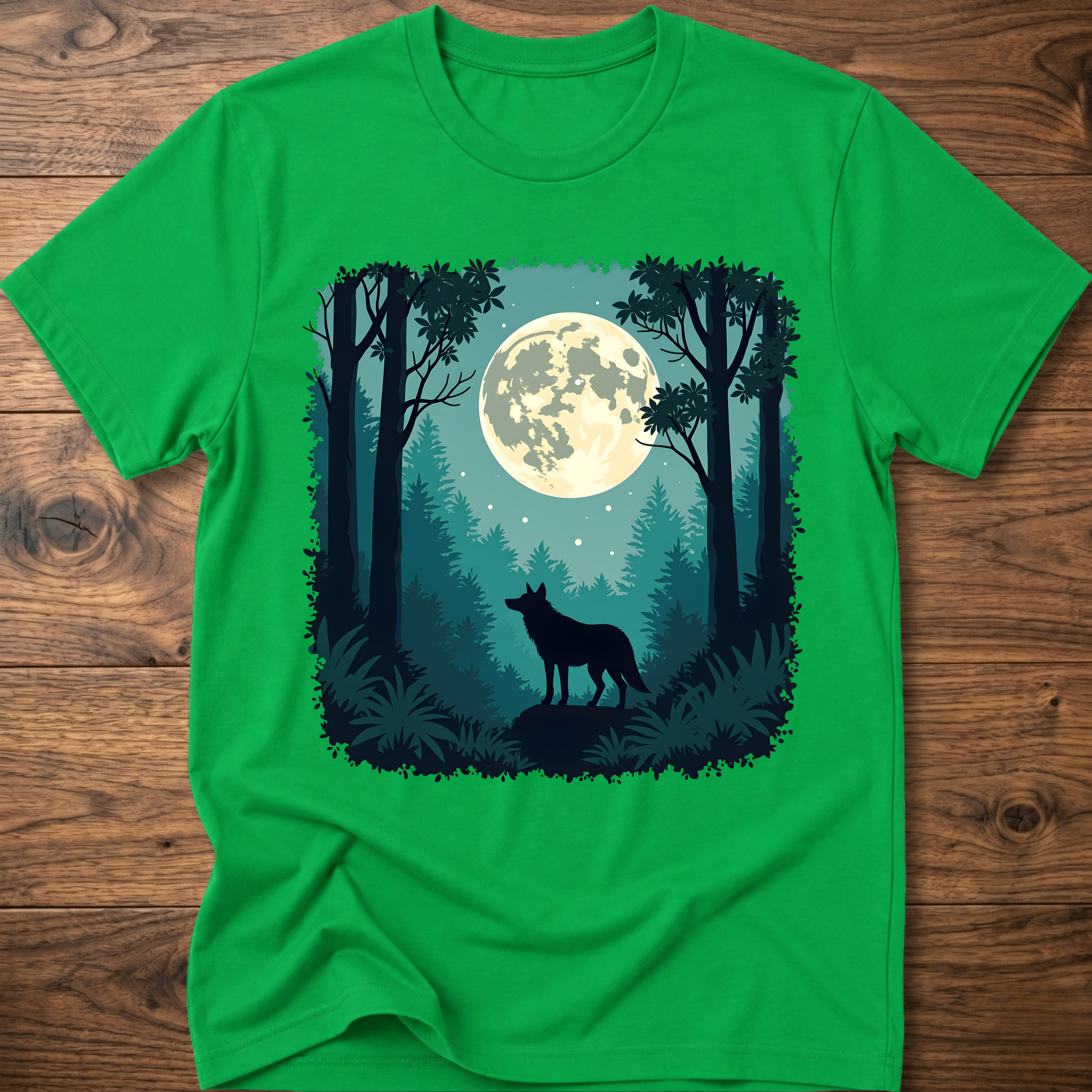 Moonlit wolf graphic T-shirt, bright green front print with moon, trees, and standing wolf