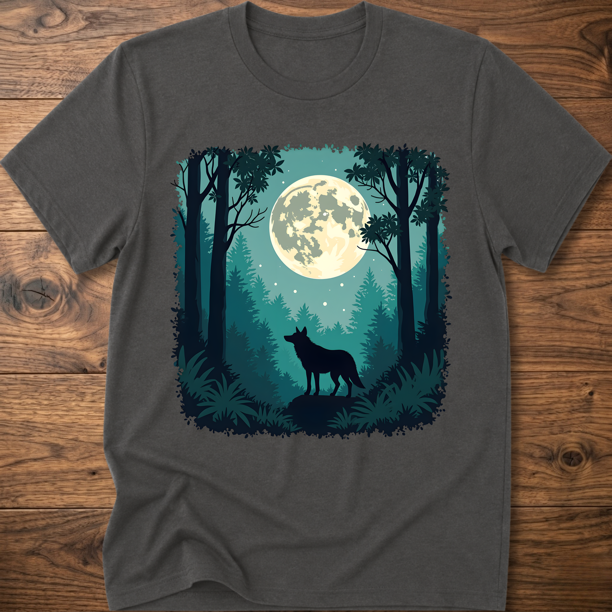 Moonlit wolf graphic T-shirt, charcoal gray front print with moon, trees, and standing wolf