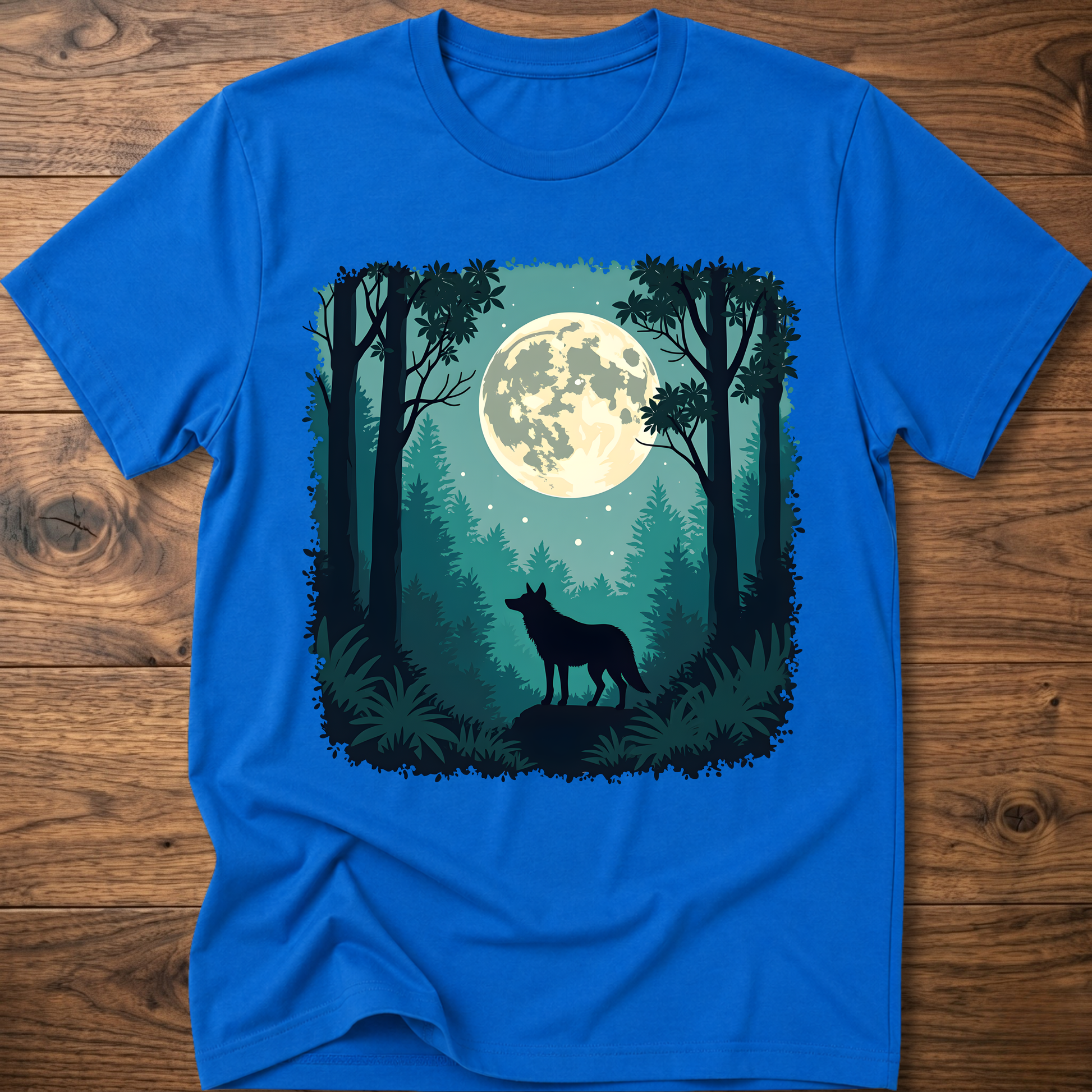 Moonlit wolf graphic T-shirt, royal blue front print with moon, trees, and standing wolf