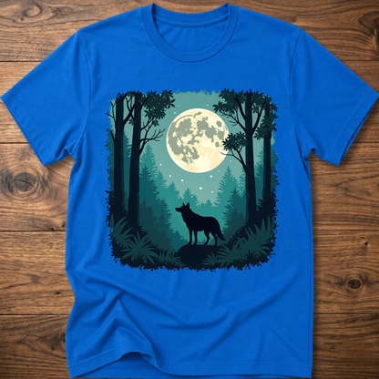 Moonlit wolf graphic T-shirt, royal blue front print with moon, trees, and standing wolf