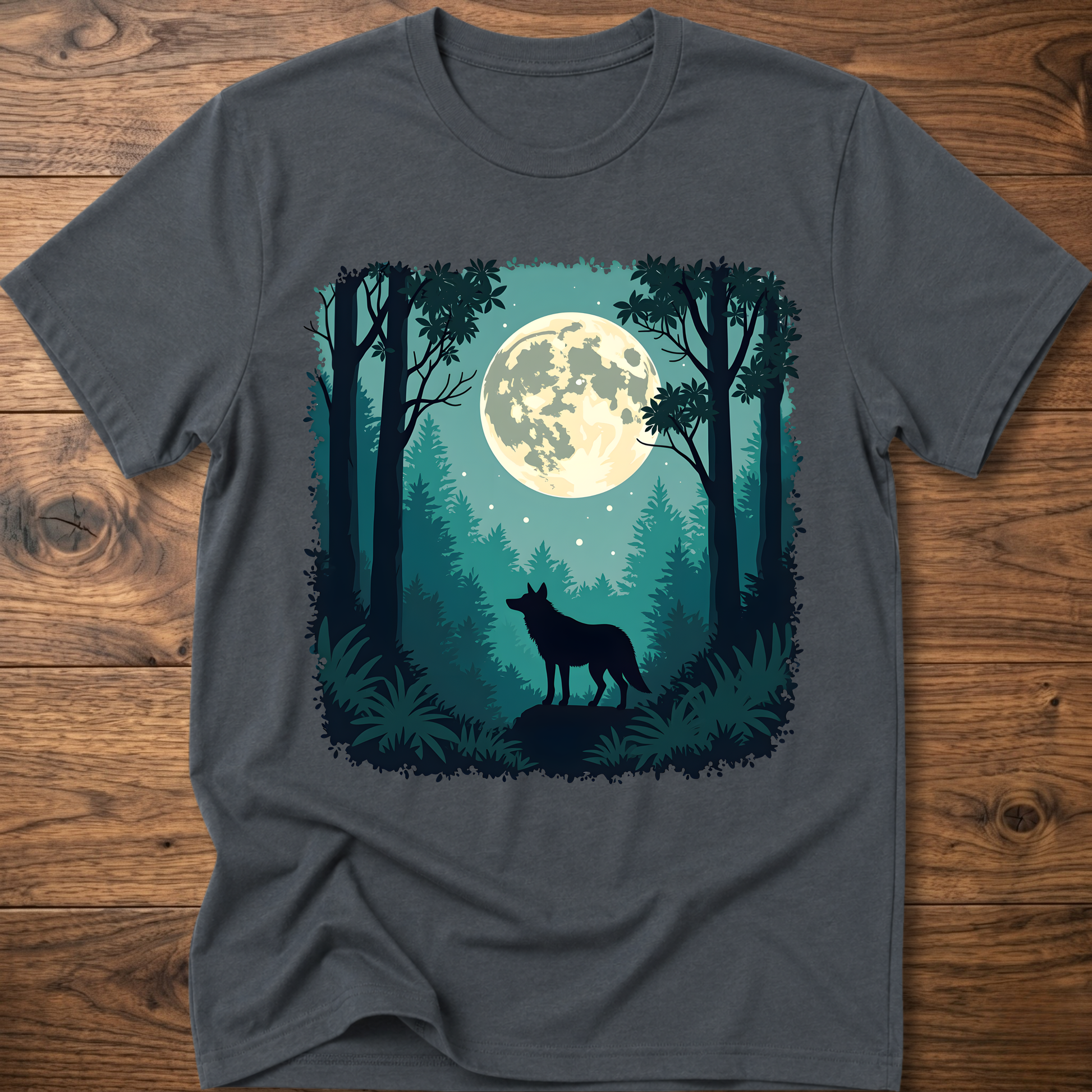 Moonlit wolf graphic T-shirt, dark gray front print with moon, trees, and standing wolf