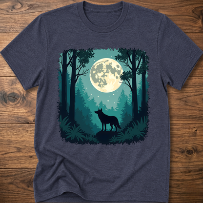 Moonlit wolf graphic T-shirt, dark heather gray front print with moon, trees, and standing wolf