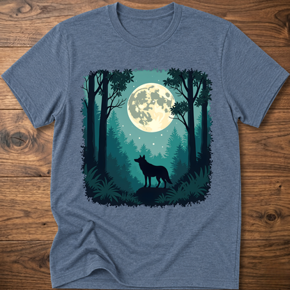Moonlit wolf graphic T-shirt, heather blue-gray front print with moon, trees, and standing wolf