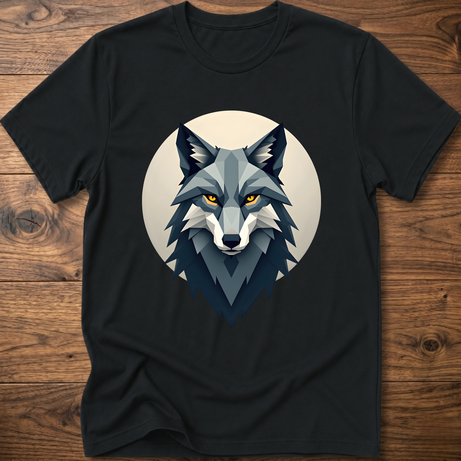 Black t-shirt with stylized wolf head graphic on chest