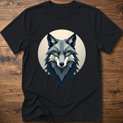 Black t-shirt with stylized wolf head graphic on chest