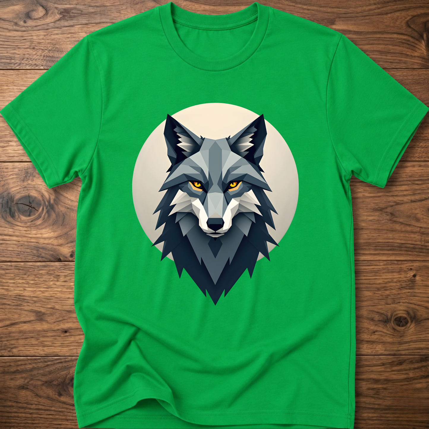 Green t-shirt with stylized wolf head graphic on chest