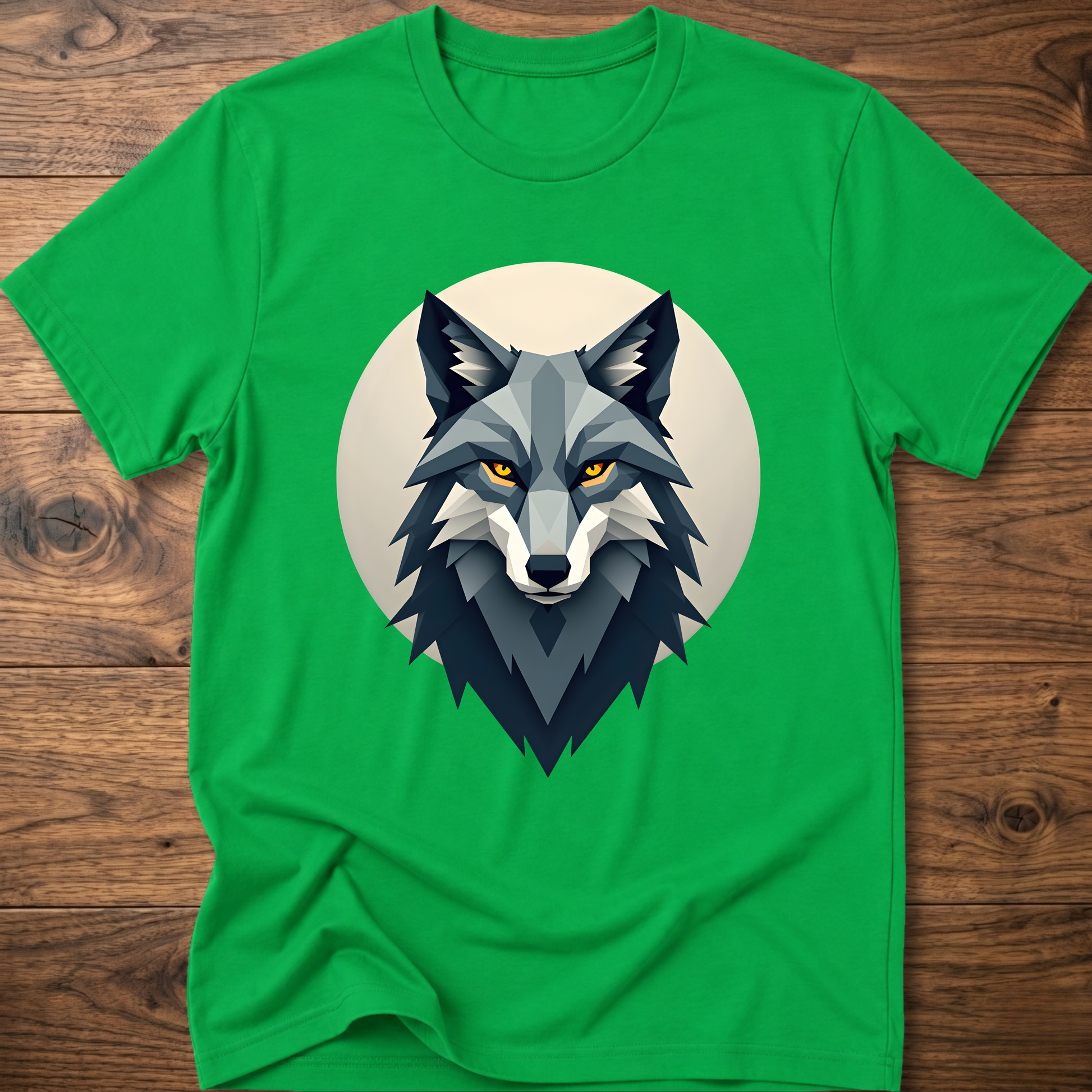 Green t-shirt with stylized wolf head graphic on chest