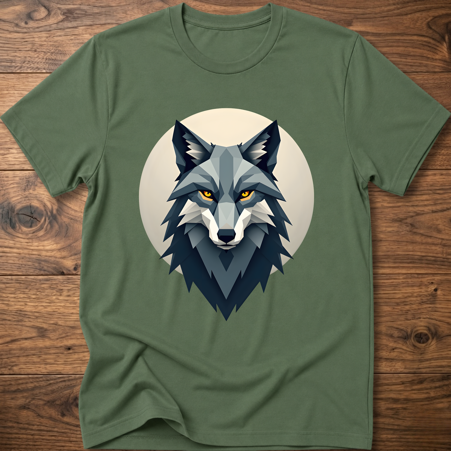 Military green t-shirt with stylized wolf head graphic on chest