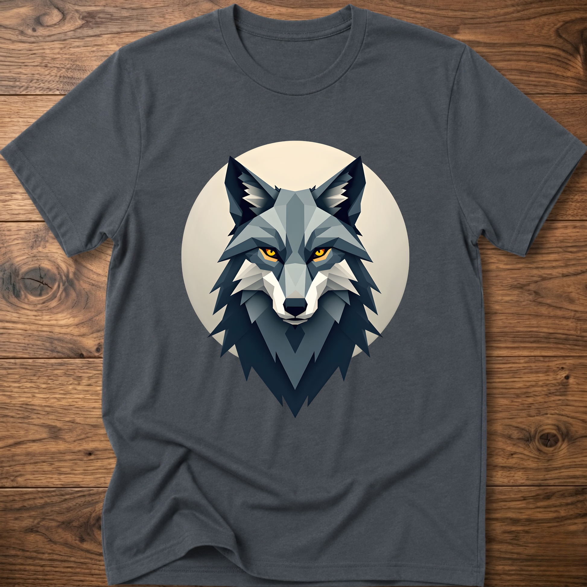 Dark heather gray t-shirt with stylized wolf head graphic on chest