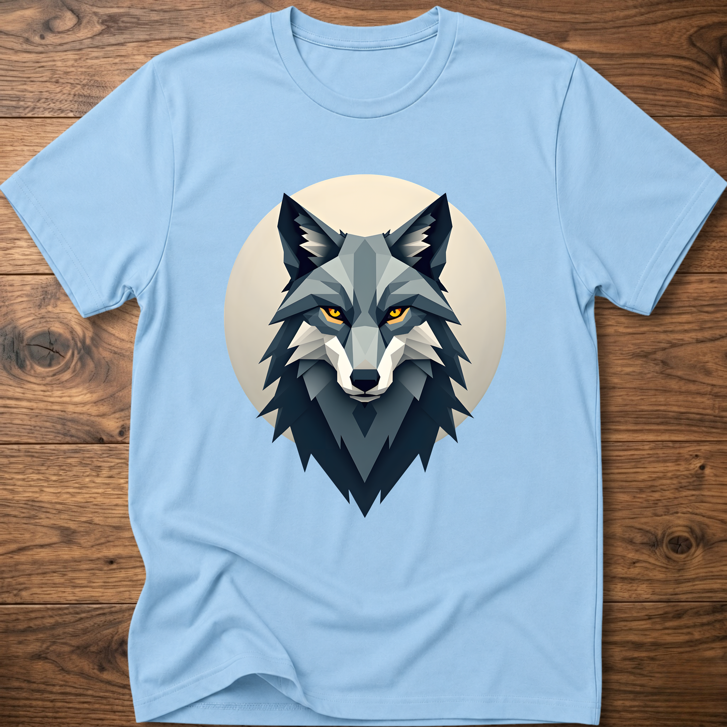 Light blue t-shirt with stylized wolf head graphic on chest