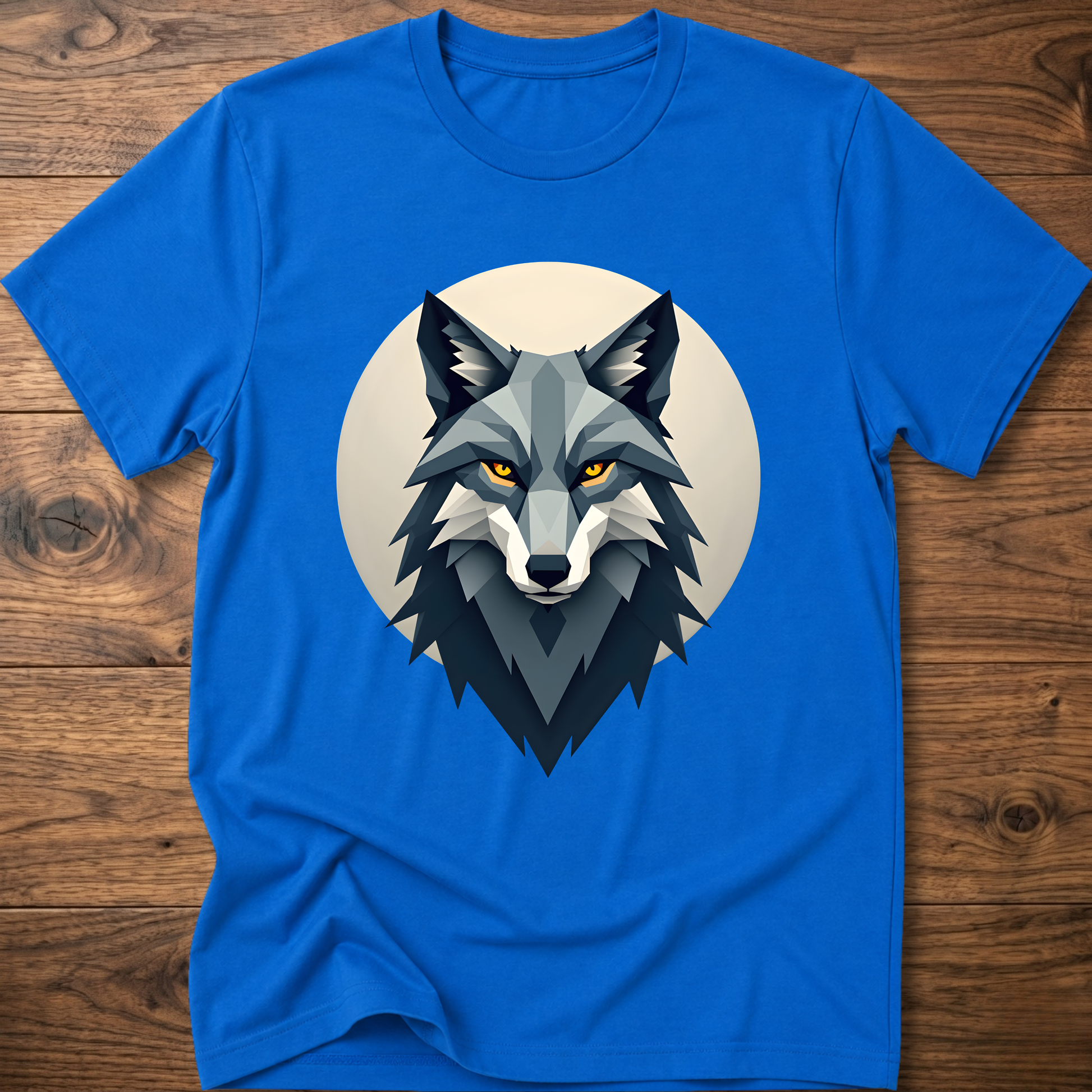 Royal blue t-shirt with stylized wolf head graphic on chest