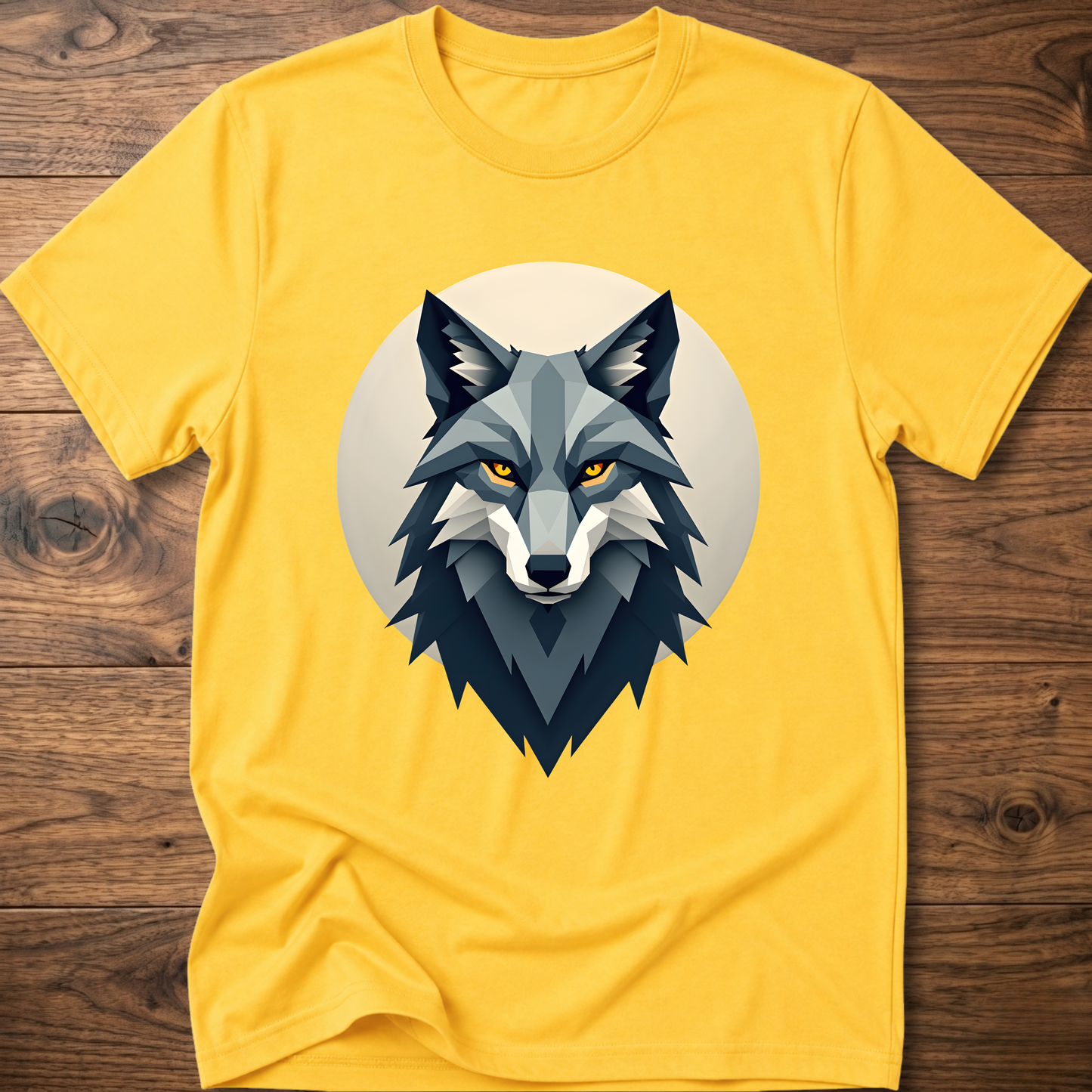 Yellow t-shirt with stylized wolf head graphic on chest