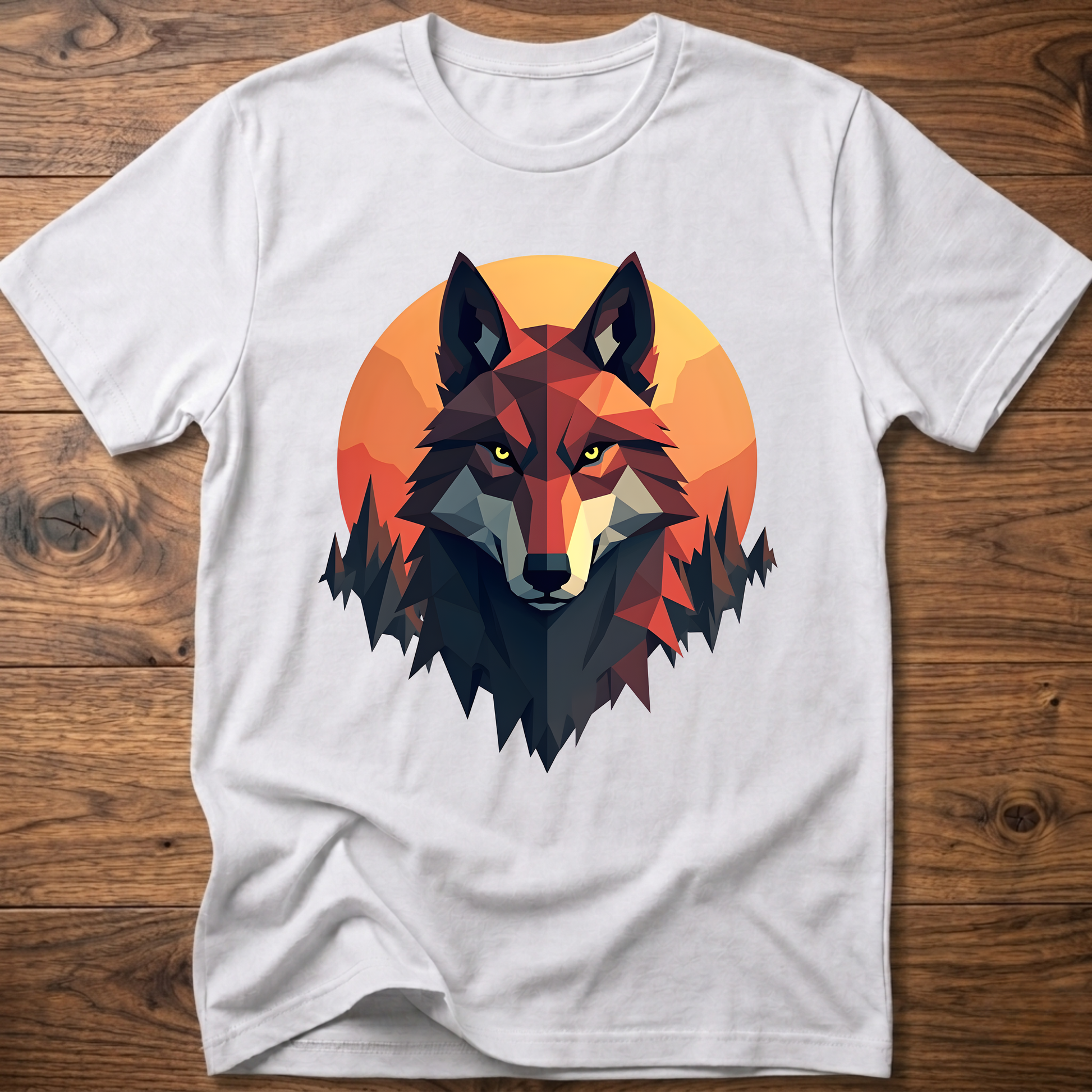 White t-shirt with geometric wolf head graphic, short sleeves