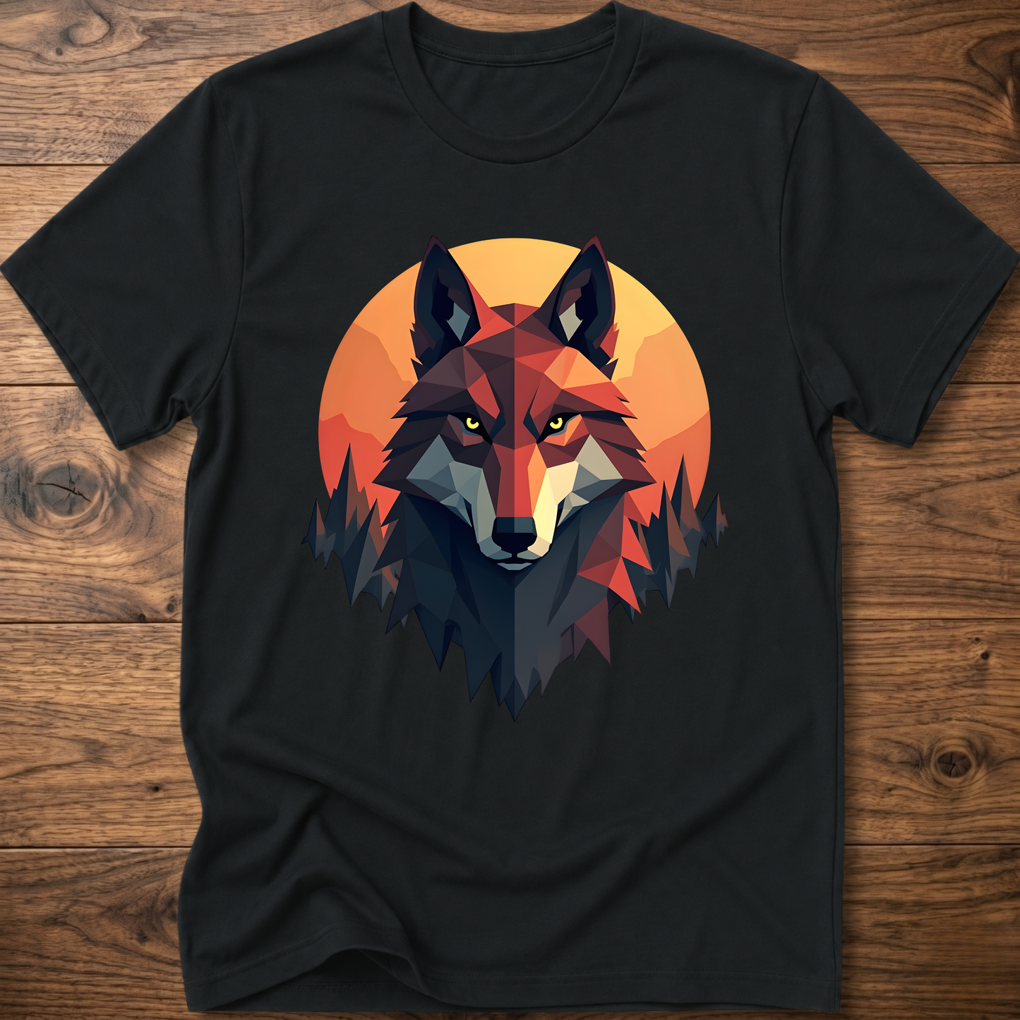 Black t-shirt with geometric wolf head graphic, short sleeves