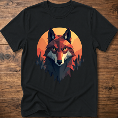 Black t-shirt with geometric wolf head graphic, short sleeves