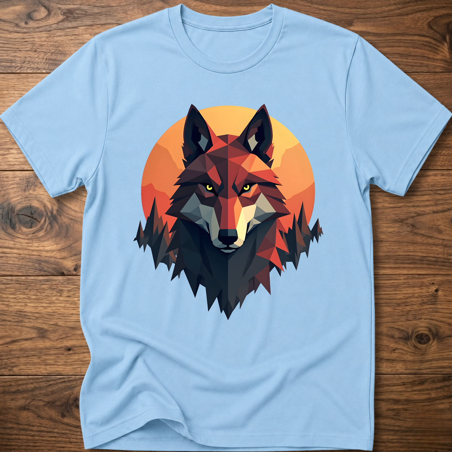Light sky blue t-shirt with geometric wolf head graphic, short sleeves