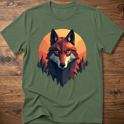 Military green t-shirt with geometric wolf head graphic, short sleeves