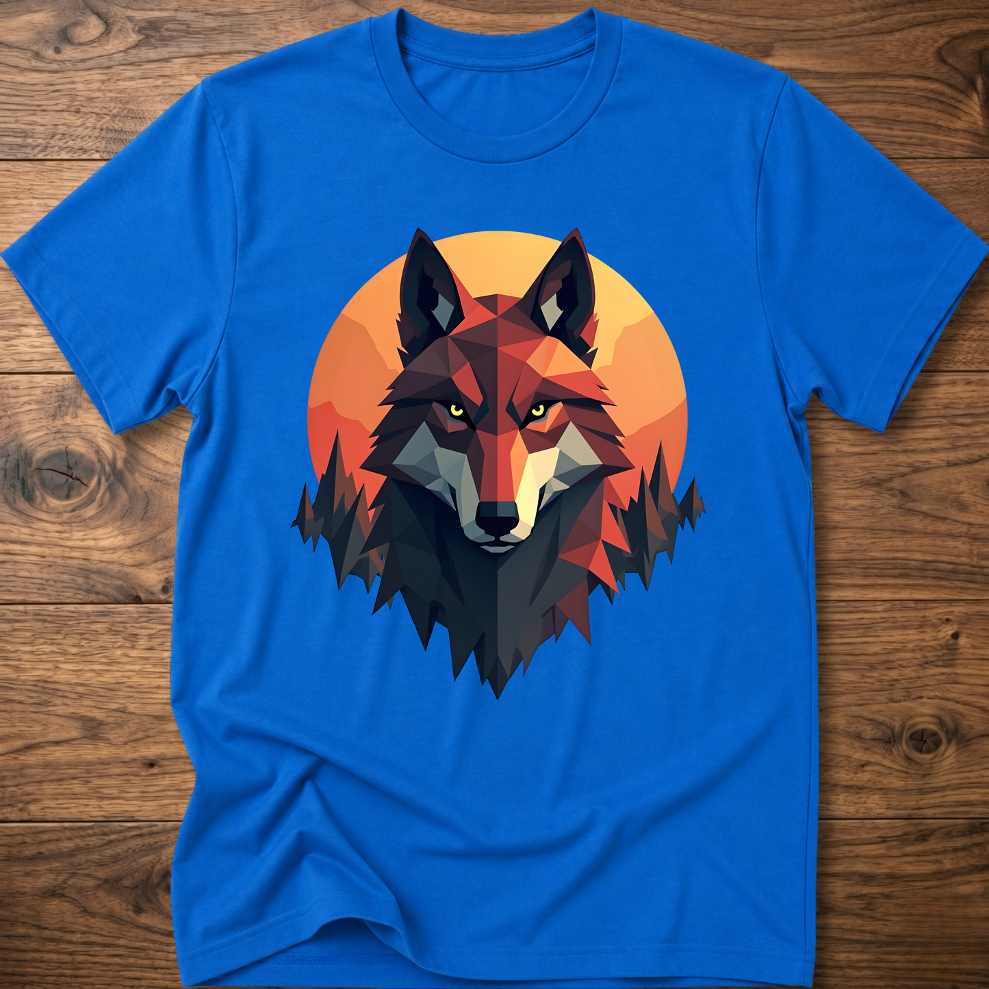 Royal blue t-shirt with geometric wolf head graphic, short sleeves