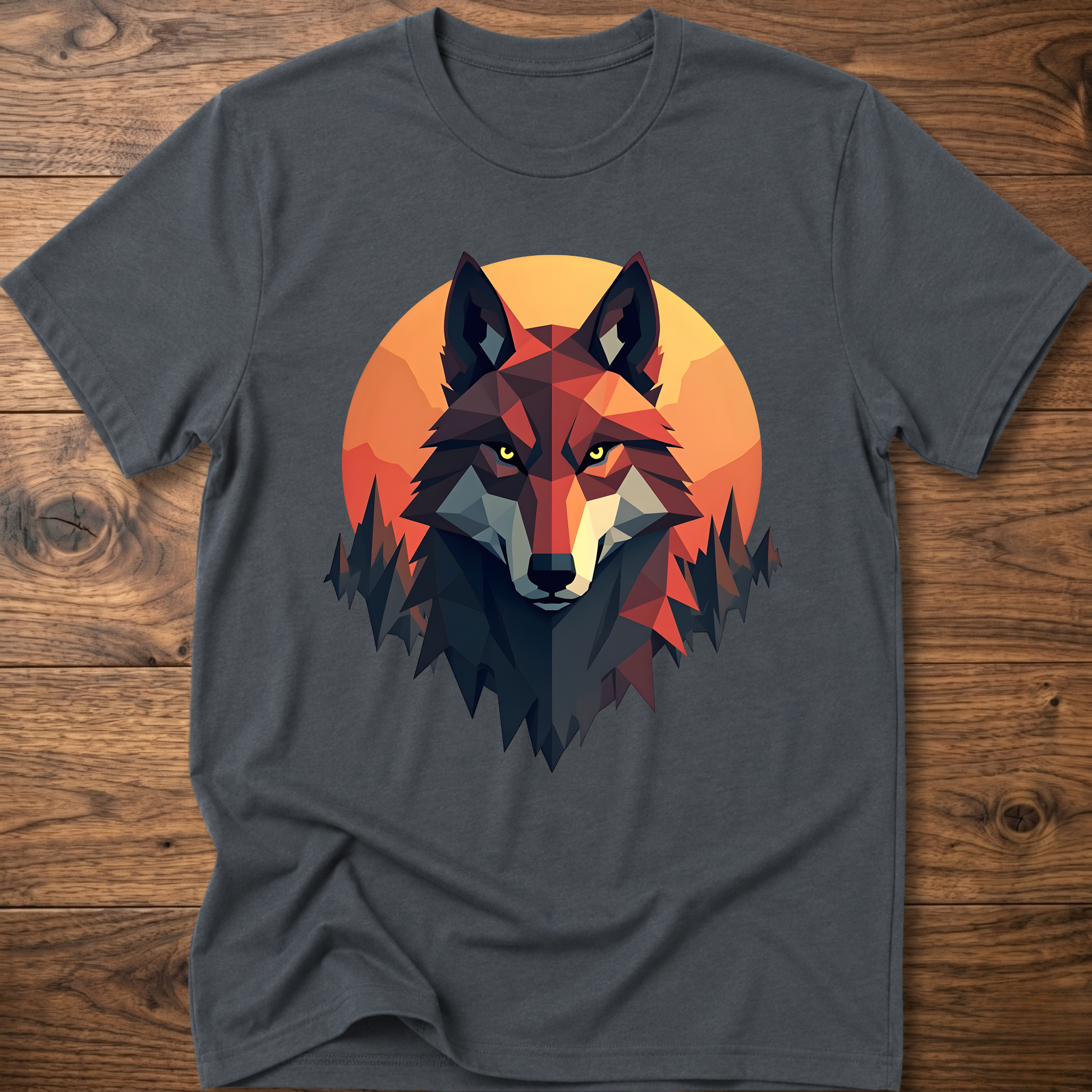 Dark heather gray t-shirt with geometric wolf head graphic, short sleeves