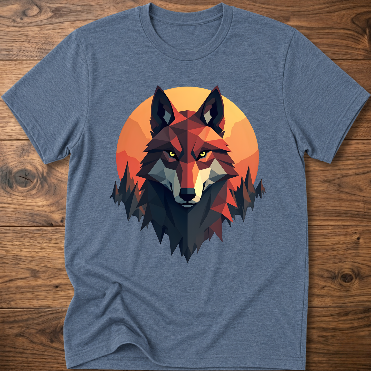 Light blue t-shirt with geometric wolf head graphic, short sleeves