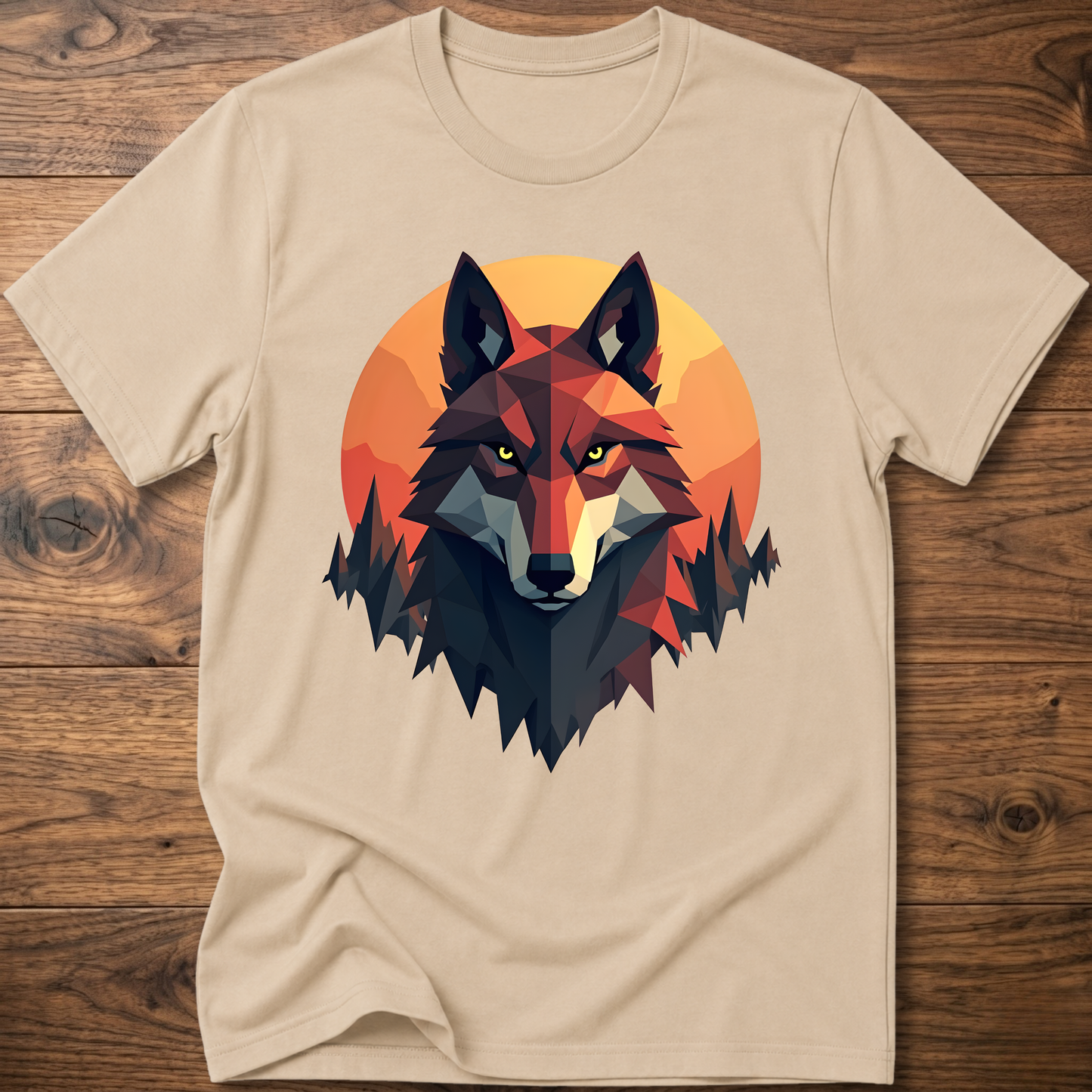 Sand beige t-shirt with geometric wolf head graphic, short sleeves