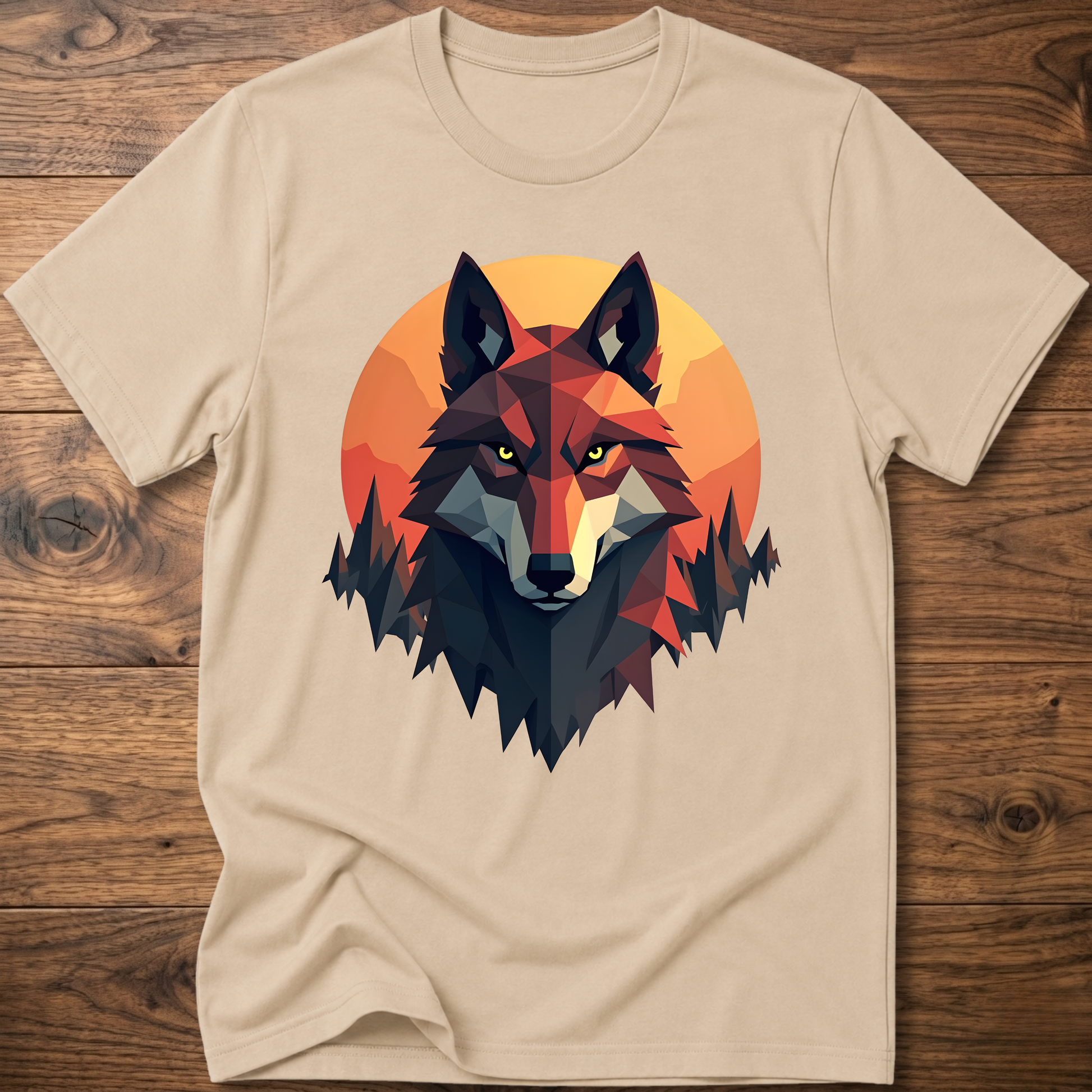 Sand beige t-shirt with geometric wolf head graphic, short sleeves