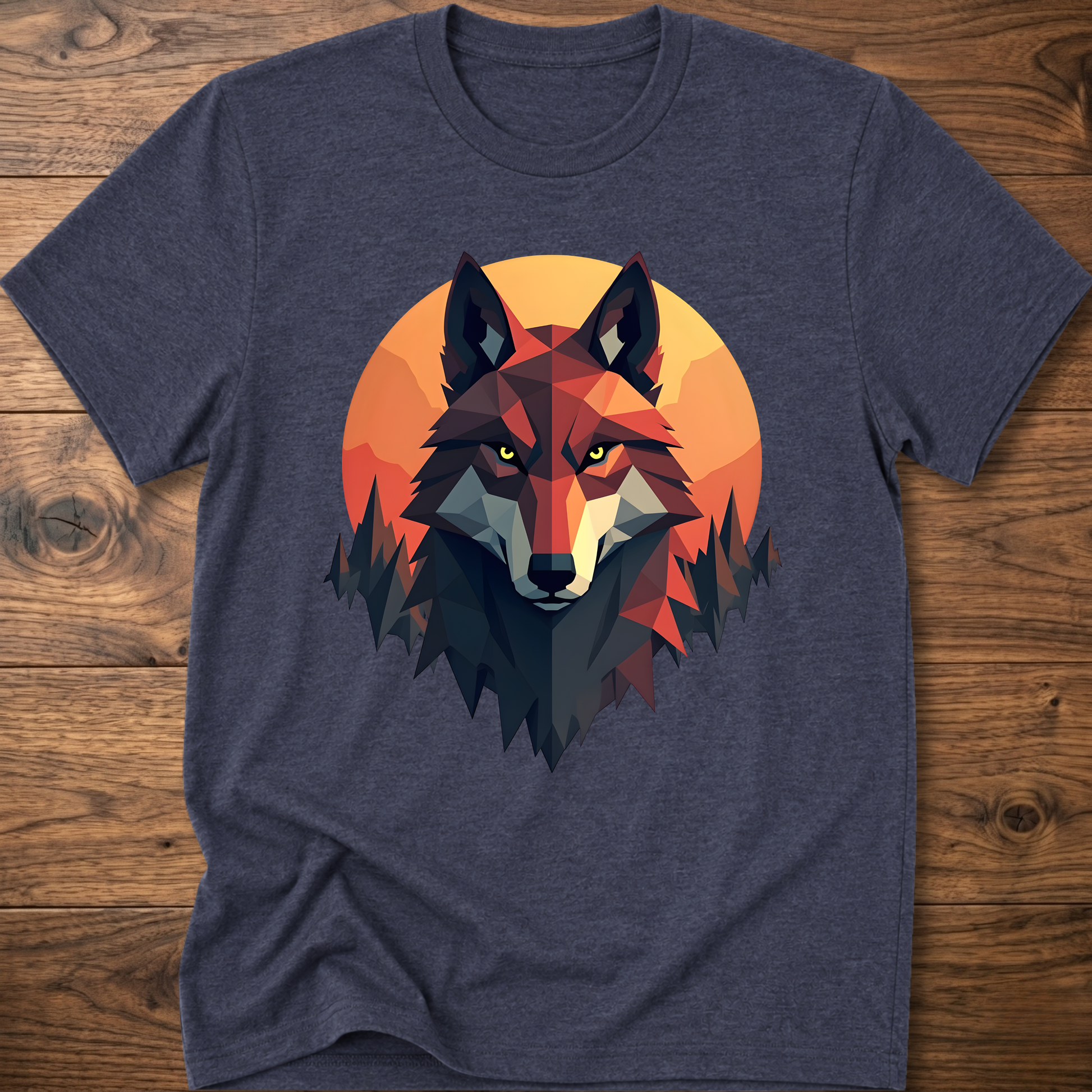 Heather navy t-shirt with geometric wolf head graphic, short sleeves